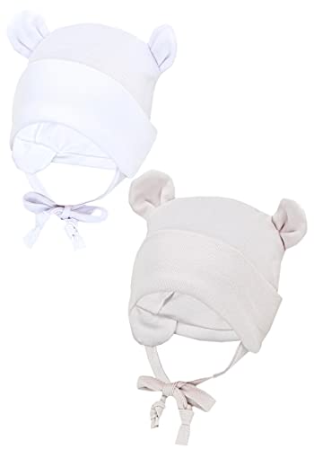 Tuptam Baby Erstlingsmütze Mit Ohrenklappen 2Er Pack, Farbe: Weiß/Beige/Mit Ohren, Größe: 50-56