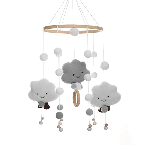 Mobile Baby Windspiele, Puppe , Holz Mit Filzbällen 3D Wolken, Bettglocke Anhänger Für Babybett Jungen Und Mädchen (Grau)