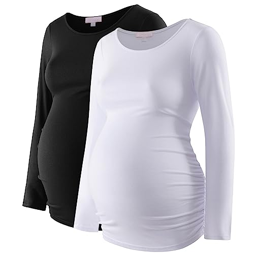 Umstandsshirt Langarm Basic Top Rüschen Seiten Bodycon T-Shirt Für Schwangere Frauen, Schwarz/Weiß, Mittel