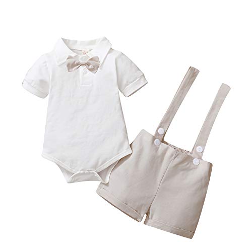 Gajaous Baby Jungen Gentleman Anzüge, Kinder Kurzarm Bowtie Shirt Strampler + Hosenträger Shorts Overalls Festliche Taufe Hochzeit Gentleman Shorts Set 0-24M, A-Beige, 3-6 Monate(Tag 70)