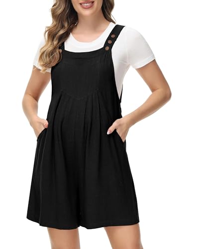 Maternity Sleeveless Rompers Wide Leg Button Up Elastic Waist Trendy Short Bib Overalls Jumpsuit With Pockets Black M