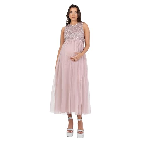Maya Deluxe Women'S Womens Ladies Maternity For Pregnant Wedding Guest Midaxi Sleeveless Sequin Embellished Tulle Crew Neck Bridesmaid Dress, Soft Pink, 36