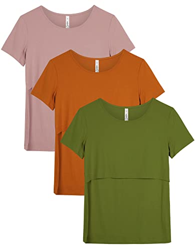 Sosolism 3 Pack Damen Stillentops Kurzarm Still-Shirts Mutterschaft Nursing T-Shirts Umstandsmode Schwangerschaftskleidung Sommer Lässig Kleidung,Orange/Grün/Pink,L