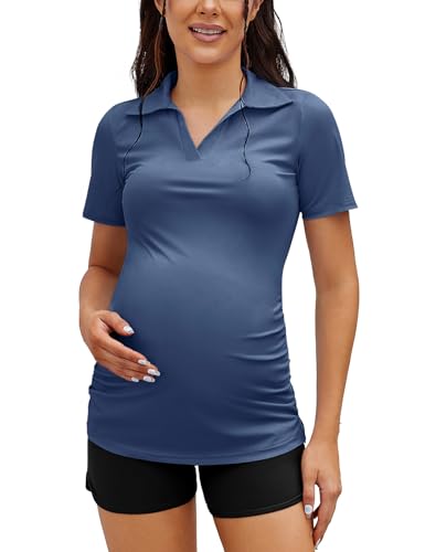 Bhome Umstands-T-Shirts, V-Ausschnitt, Poloshirt, Kurzärmelig, Kragen, Sport, Arbeit, Schwangerschafts-Top, Marineblau, Klein