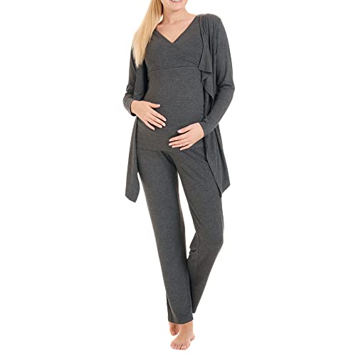 Herzmutter Stillpyjama-Set - 3-Teilig - Umstands-Pyjama Für Damen - Schwangerschafts-Wellness-Set - Hose-Top-Cardigan - 8100 (Dunkelgrau, M)