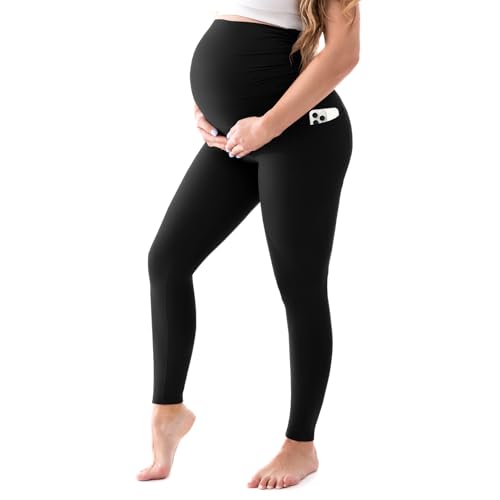 Walifrey Women'S Maternity Leggings With Pockets，High Waist Opaque Comfortable Pregnancy Black Leggings M