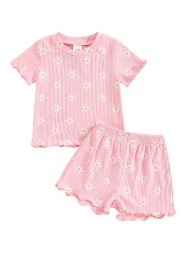 Kaerm Kinder Baby Mädchen Schlafanzug Kurz Blumen Rüschen Pyjama Set Sommer Shorty Zweiteiliger Nachtwäsche Gr. 68-104 Rosa 92-98