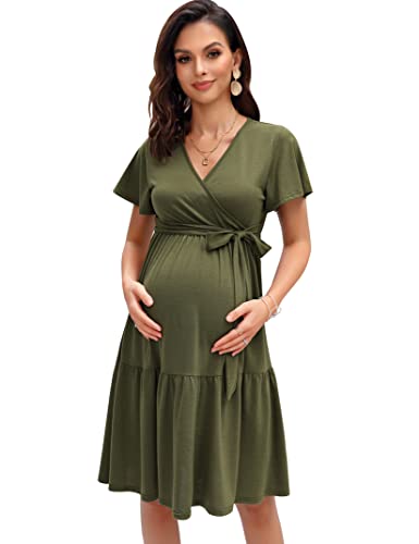 Kojooin Damen Umstandskleid V-Ausschnitt Stillkleid Casual Schwangerschafts Kleider Mit Rüsche Armeegrün(Kurzarm) L