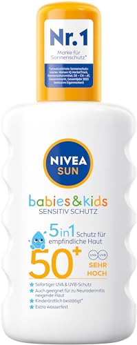 Nivea Sun Babies &Amp; Kids Sensitiv Schutz Sonnenspray Lsf 50+ (200 Ml), Extra Wasserfestes Sonnencreme Spray Für Kinder, Sonnenmilch Als Praktisches Spray Ohne Parfüm