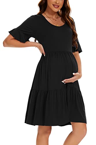 Smallshow Damen Umstandskleid Kurzarm Sommer Schwangerschafts Umstandsmode Kleid Black M
