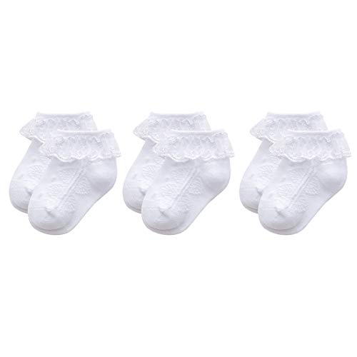 Durio Baby Mädchen Socken Mit Rüschen Babysocken Baumwolle Spitze Taufe Socken Ösen Kleid Socken Söckchen Für Baby Kleinkind 3 Paar Weiß 3-12 Monate