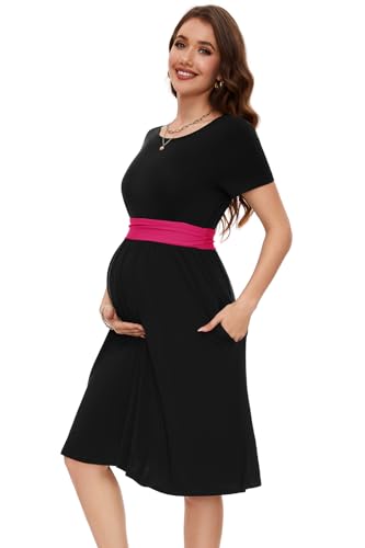 Smallshow Damen Umstandskleid Patchwork Kurzarm Schwangerschaft Kleidung, Schwarz-Rose, Mittel