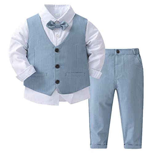 Winying Baby Jungen Anzug Gentleman Outfit Langarm Fliege Hemd + Weste + Hose Kleinkinder Festlich Bekleidungsset Taufanzug Hochzeitanzug Festanzug Hellblau 74-80