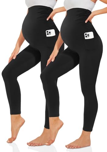 Tnnzeet Umstandsleggings Damen Blickdicht Schwangerschaft Leggings Lang Mit Taschen Für Yoga(Schwarz*2,L)
