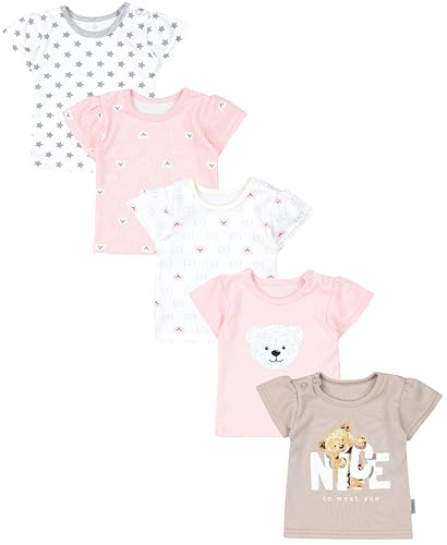 Tuptam Baby Mädchen Kurzarm T-Shirt Gemustert Bunt 5Er Set, Farbe: Bärchen Rosa Weiß Sterne Grau Nice Teddy Beige, Größe: 74