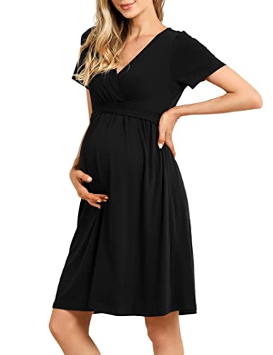 Kojooin Damen Umstandskleid V-Ausschnitt Stillkleid Casual Falten Schwangerschaftskleid Schwarz(Kurzarm) L