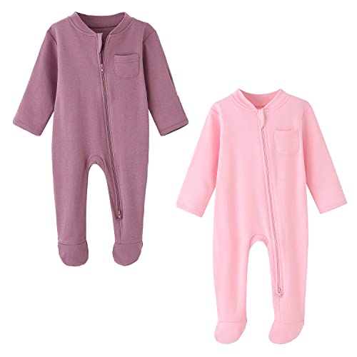 Biniduckling Baby-Jungen Mädchen Schlafanzug - 2-Wege-Reißverschluss, Baumwolle, Mit Füßen, 2Er-Pack - Baby Schlafstrampler Für Neugborene 9-12 Monate, Lila&Amp;Rosa