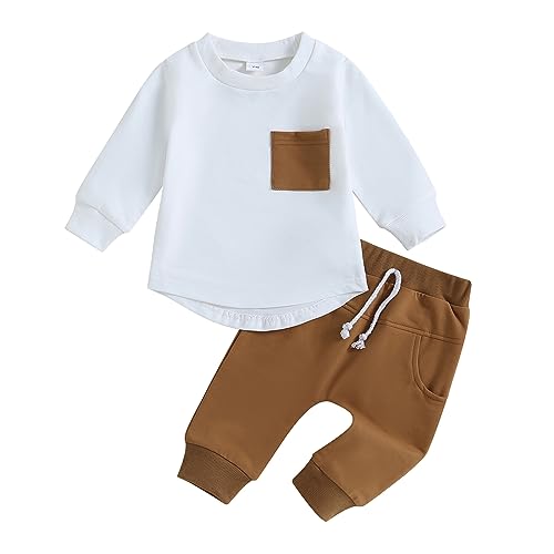 Geagodelia Baby Jungen Kleidung Outfit Babykleidung Set Langarmshirt Sweatshirt + Hose Neugeborene Weiche Babyset Zweiteiler Patchwork (A - Weiß, 0-6 Monate)