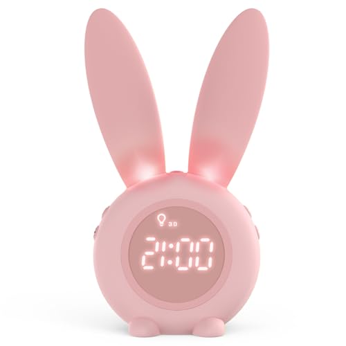 Homealexa Kinder Lichtwecker Cute Rabbit Kinderwecker Creative Nachttischlampe Snooze-Funktion, Zeitgesteuertes Nachtlicht, Kindertagesgeschenk Für Kinder, Mädchen (Pink)