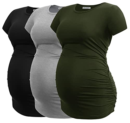 Smallshow Damen Umstandsmode Tops Seitlich Geraffte Schwangerschafts Umstandstop 3Er Pack Black/Grey/Army Green L