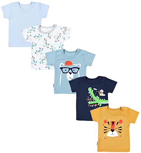 Tuptam Baby Jungen Kurzarm T-Shirt Mit Aufdruck Unifarben Sterne Streifen 5Er Set, Farbe: Krokodil Dunkelblau Tiger Senfgelb Zebra Blau, Größe: 86
