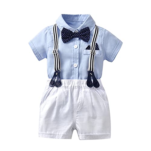 Volunboy Baby Jungen Anzug Set Bekleidung Hemd Mit Fliege + Hosenträger Shorts Strampler Anzug（Hellblau，6-9 Monate，Größe 66）