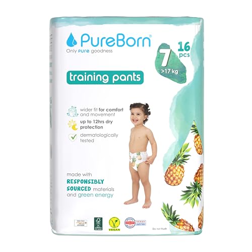 Pureborn Baby Premium Windeln Pants, Höschenwindeln, Größe 7 (17+ Kg), 16 Stück, Optimaler Schutz Für Tag Und Nacht, Dermatologisch Getestet, Ultraweich, Hautfreundlich