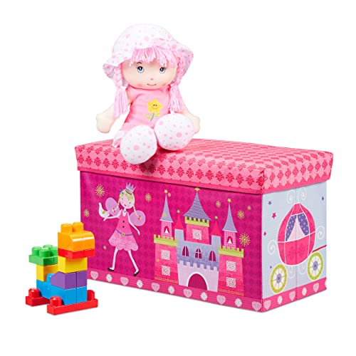 Relaxdays Sitzbox Kinder, Faltbare Aufbewahrungsbox Mit Stauraum, Deckel, Prinzessin &Amp; Fee, 50 Liter, Platzsparend, Pink