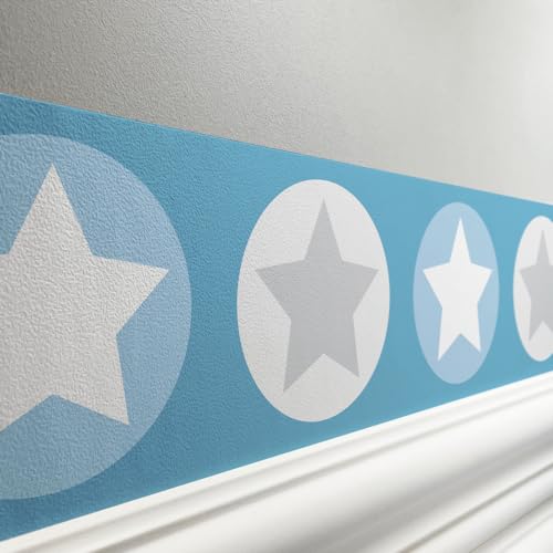 Lovely Label Bordüre Selbstklebend Sterne Blau Grau - Wandbordüre Kinderzimmer Babyzimmer Mit Sternen - Wandtattoo Schlafzimmer Junge – Wanddeko Baby Kinder