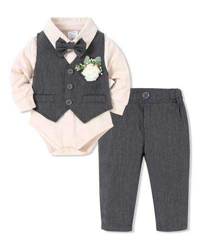 Soloyee Baby Jungen Taufbekleidung Anzug 0-18 Monate, Baby Festliche Hochzeit Anzüge Neugeborenen Strampler+ Hosen + Weste + Fliege + Korsage (Grau, 6-12 Monate)