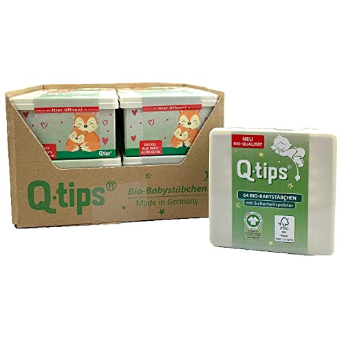 Q-Tips Bio Baby-Wattestäbchen, In Praktischer Würfelbox, Vorteilspack (12X 64 Stück), Für Die Sanfte Reinigung Von Kinderohren