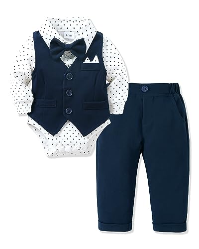 Baby Junge Anzug Taufe, Neugeborenen Taufanzug Hochzeitsoutfit Partei Babykleidung Strampler + Bowtie + Vest + Pants Set Marineblau 6-12 Monate