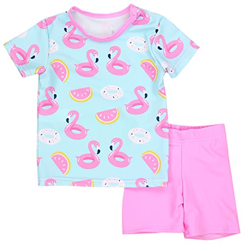 Aquarti Baby Mädchen Zweiteiler Kinder Badeanzug Bade-Set Bade T-Shirt Badehose Uv-Schutz, Farbe: Flamingos Hellgrün/Rosa, Größe: 86