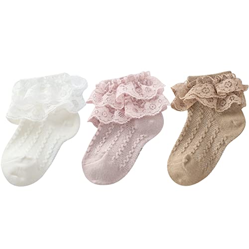 Durio Baby Mädchen Socken Elastisch Söckchen Rüschen Spitze Taufe Socken Für Neugeborene Kleinkind Mädchen Kinder 3 Paar Weiß Dunkelrosa Braun 3-12 Monate