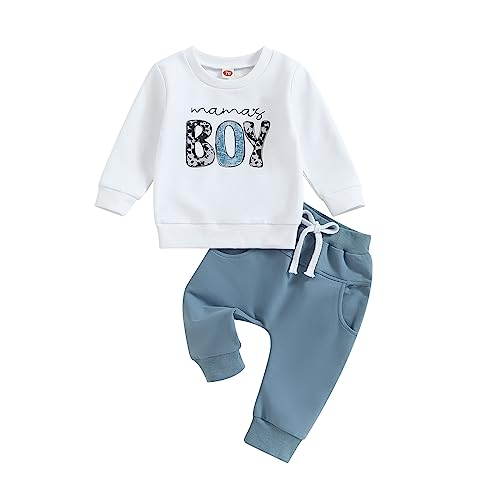 Geagodelia Baby Jungen Kleidung Outfit Babykleidung Set Langarmshirt Sweatshirt + Hose Neugeborene Weiche Babyset Mama'S Boy Zweiteiler (A - Weiß &Amp; Blau, 6-12 Monate)