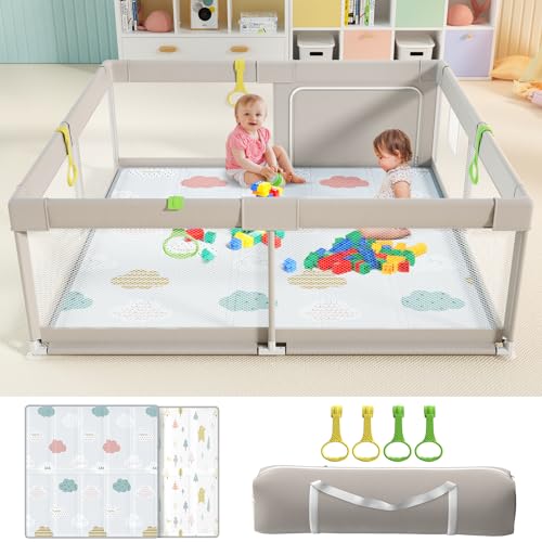 Uanlauo 150X150Cm Laufstall Baby Mit Spielmatte,Laufgitter Baby,Xxl Kinder Laufgitter,Innen&Amp;Außen Baby Laufstall Mit Reißverschlusstür,Baby-Aktivitätsbereich Mit 4 Ziehringen