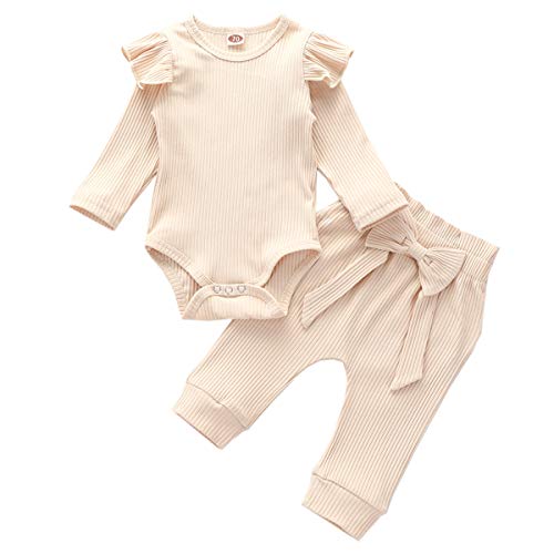 Geagodelia Babykleidung Set Baby Mädchen Kleidung Outfit Langarm Body Strampler + Hose Neugeborene Weiche Einfarbige Babyset T-45461 (Beige, 0-6 Monate)