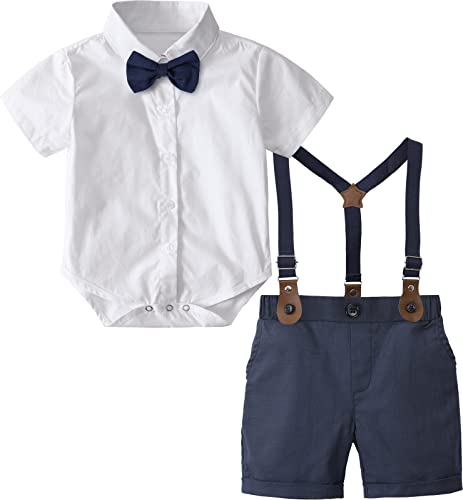 Mintgreen Baby Junge Anzüge Ostern Outfit Gentleman Kurzärmeliges Hemd Hose Satz Mit Fliege Hosenträger, Weiß, 9-12 Monate, 80