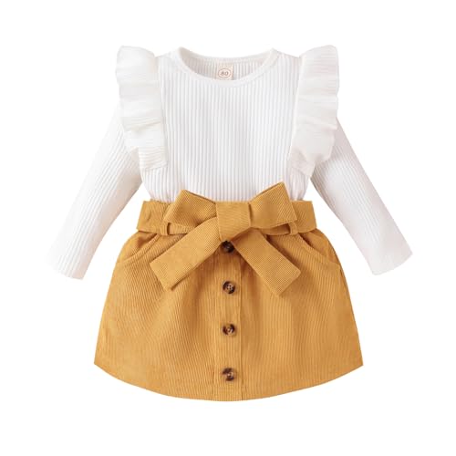 Geagodelia Baby Mädchen Kleidung Outfit Babykleidung Set Langarmshirt Top + Rock Neugeborene Weiche Babyset Zweiteiler (Weiß &Amp; Gelb, 12-18 Monate)