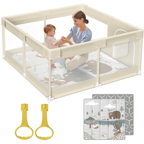 Fodoss Baby Laufgitter Mit Matte, 120X120Cm Laufstall Baby, Laufstall Mit Matratze, Atmungsaktives Netzdesign, Laufstall Für Die Wohnung(Beige)