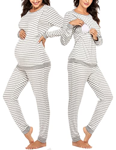 Ekouaer Stillschlafanzug Damen Langarm Umstands Pyjama Set Schwangerschaft Streifen Thermo Zweiteiliges Nachtwäsche Für Mutter Hellgrau Streifen Xl