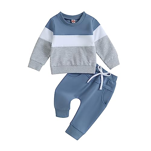 Geagodelia Baby Jungen Kleidung Outfit Babykleidung Set Langarmshirt Sweatshirt + Hose Neugeborene Weiche Babyset Zweiteiler Patchwork (D - Blau &Amp; Grau, 0-6 Monate)