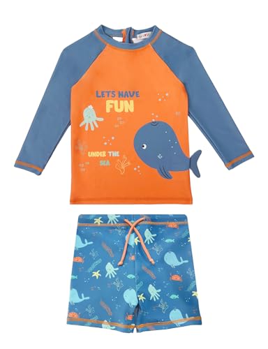 Wevswe Badeanzug Baby Uv Schutz 50+ Schwimmanzug Baby Junge Zweiteilig Bade-Set Zweiteilig Badeshorts Blauer Oranger Wal Neugeborenes 12-18 Monate