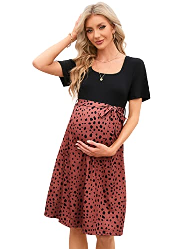 Kojooin Damen Umstandskleid Kleider Für Schwangere Leopardenmuster Schwangerschafts Kurzarm Kleid Für Schwangere Quadratischer Kragen Ziegelrot Leopardenmuster-Kurzarms