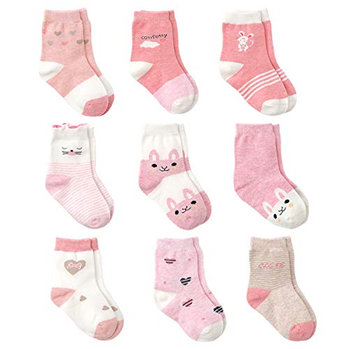 Cotton Coming Rosa Baumwolle Baby Mädchen Socken,9 Paar Süß. Kleinkind Mä Dchen Socken Mit Griffen (6-12 Monate,Eu16-18)