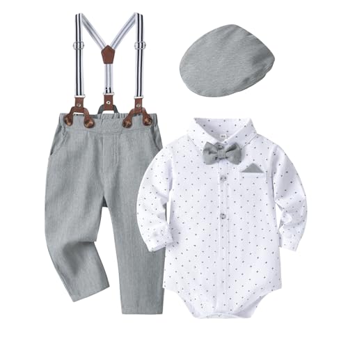 Volunboy Baby Jungen Anzug Set Bekleidung Hemd Mit Fliege + Hosenträger Hosen Strampler Anzug（3-6 Monate，Größe 59，Graue Punkte）