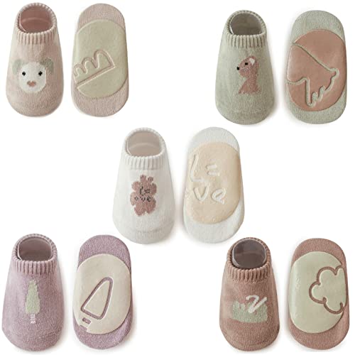Exemaba Baby Rutschfeste Socken 5 Paar Tiermotive Kleinkinder Antirutschsocken Krabbelsocken Für Mädchen(Style D,M/1-3 Jahre)
