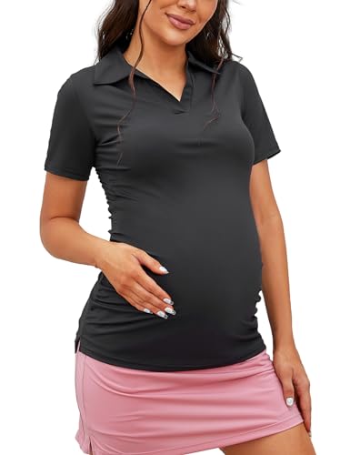 Bhome Umstands-T-Shirts, V-Ausschnitt, Poloshirt, Kurzärmelig, Kragen, Sport, Arbeit, Schwangerschafts-Top, Schwarz, Mittel