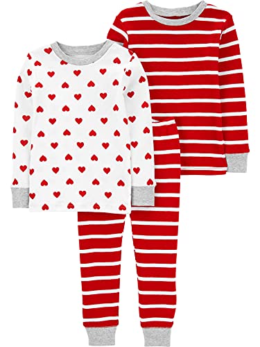 Simple Joys By Carter'S Unisex Kinder 3-Piece Snug-Fit Cotton Pajama Pyjama-Set, Rot Streifen/Weiß Herzen, 12 Monate (3Er Pack)