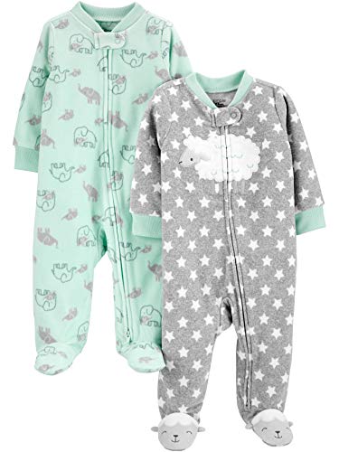 Simple Joys By Carter'S Unisex Baby Schlaf- Und Spielanzug Aus Fleece Mit Füßen, 2Er-Pack, Grau Sterne/Minzgrün Elefant, 0-3 Monate